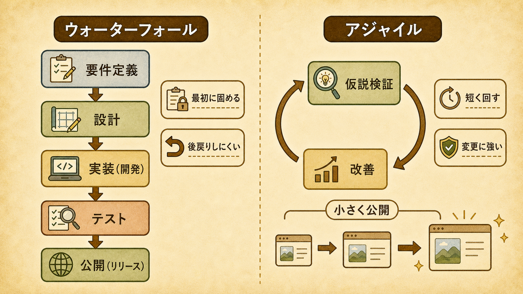 ウォーターフォール開発とアジャイル開発の比較図 — ウォーターフォールは要件定義から公開まで一直線に進める従来型、アジャイルは短いスプリントで小さくリリースと改善を繰り返す反復型、という違いの図解