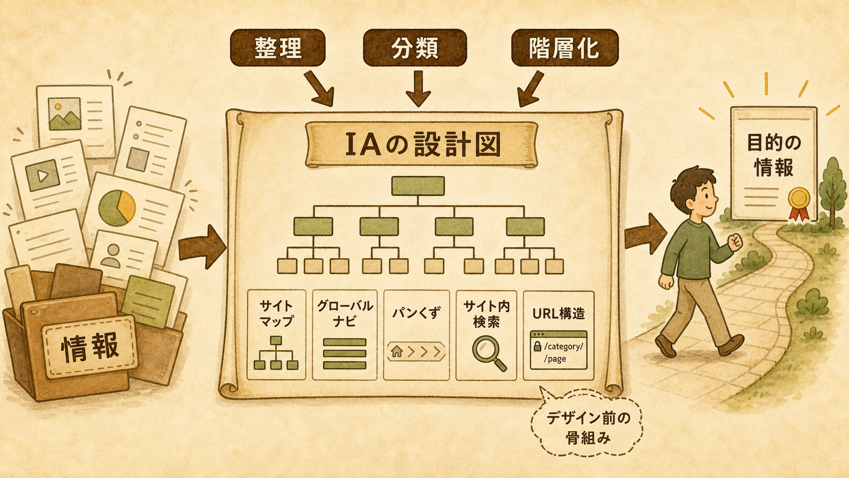 情報設計(IA)の全体像 — サイトの情報を整理・分類・階層化し、ユーザーが迷わず目的の情報にたどり着ける骨組みを作る流れの図解