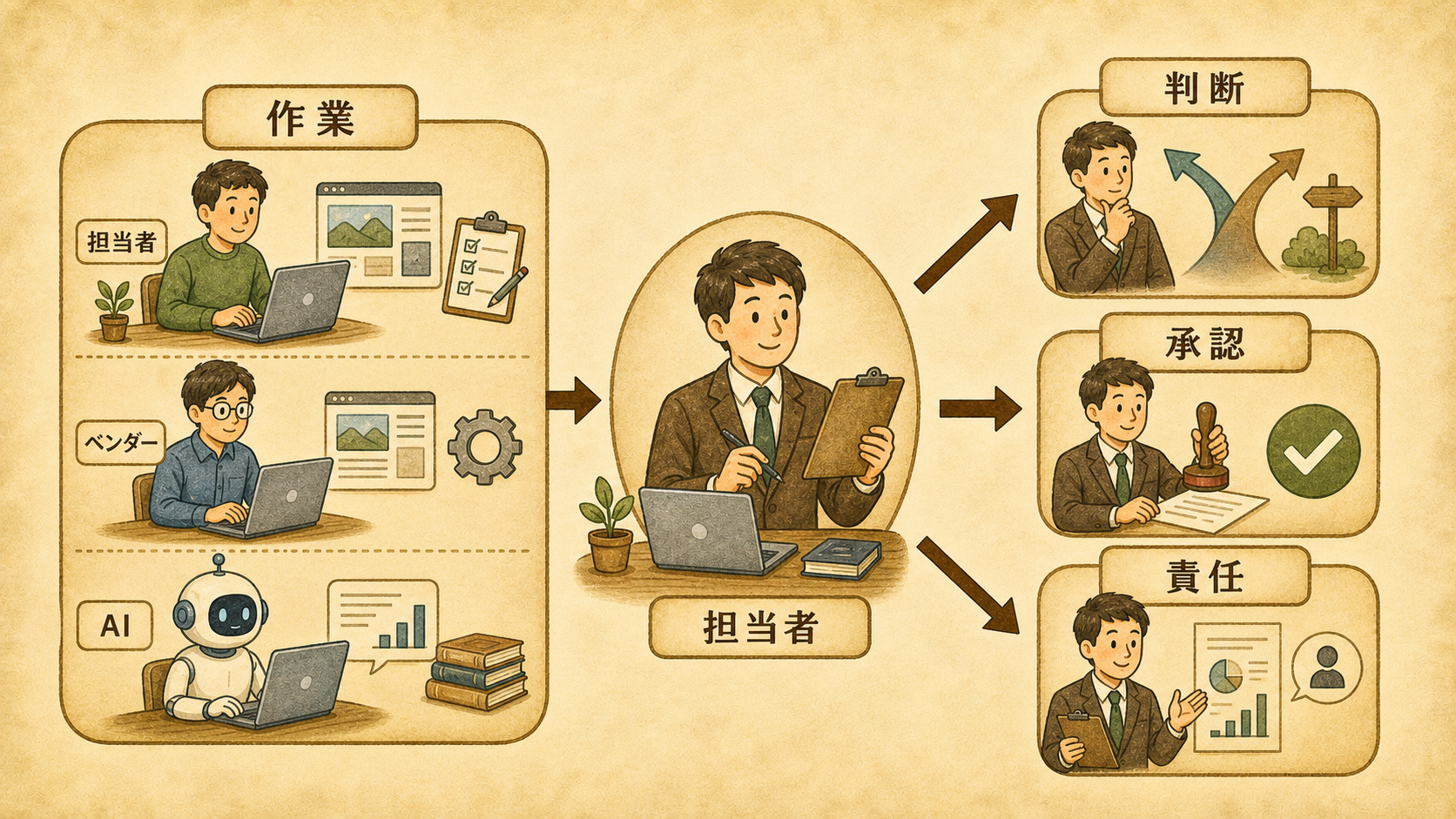 Web 制作の 4 つの役割(作業・判断・承認・責任)。作業は分担できるが、判断・承認・責任は常に担当者が持つことを示した図解