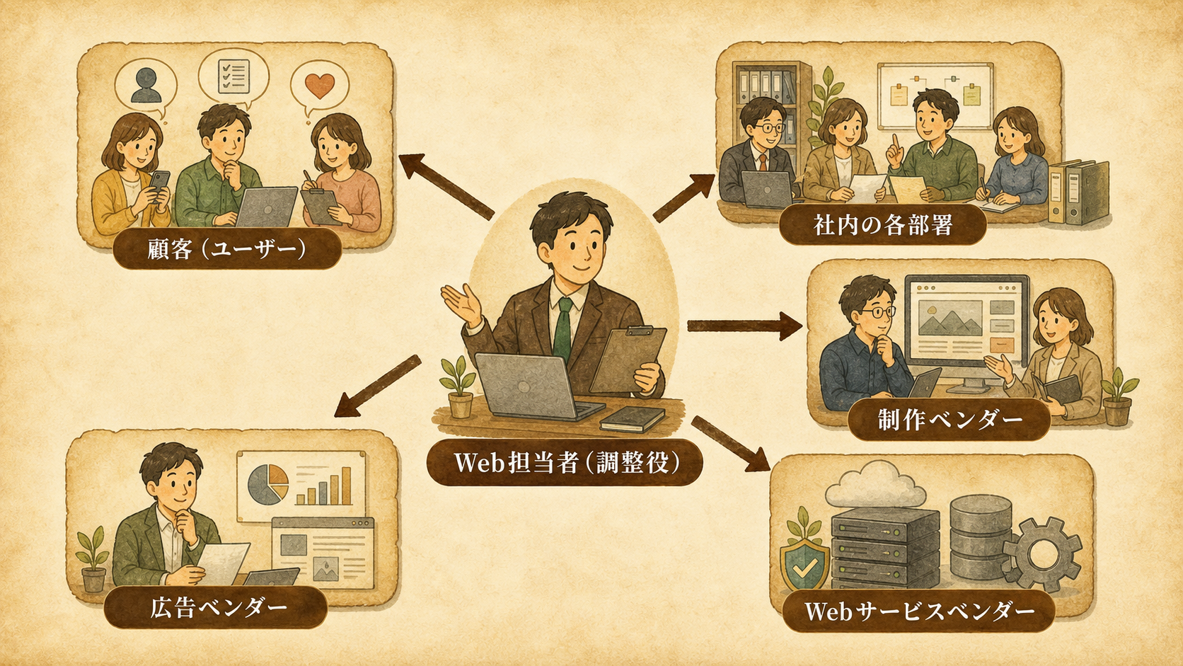 Web担当者が経営層・各部署・制作会社・広告ベンダーなど社内外のさまざまな関係者をつなぐ調整役であることを示した図解
