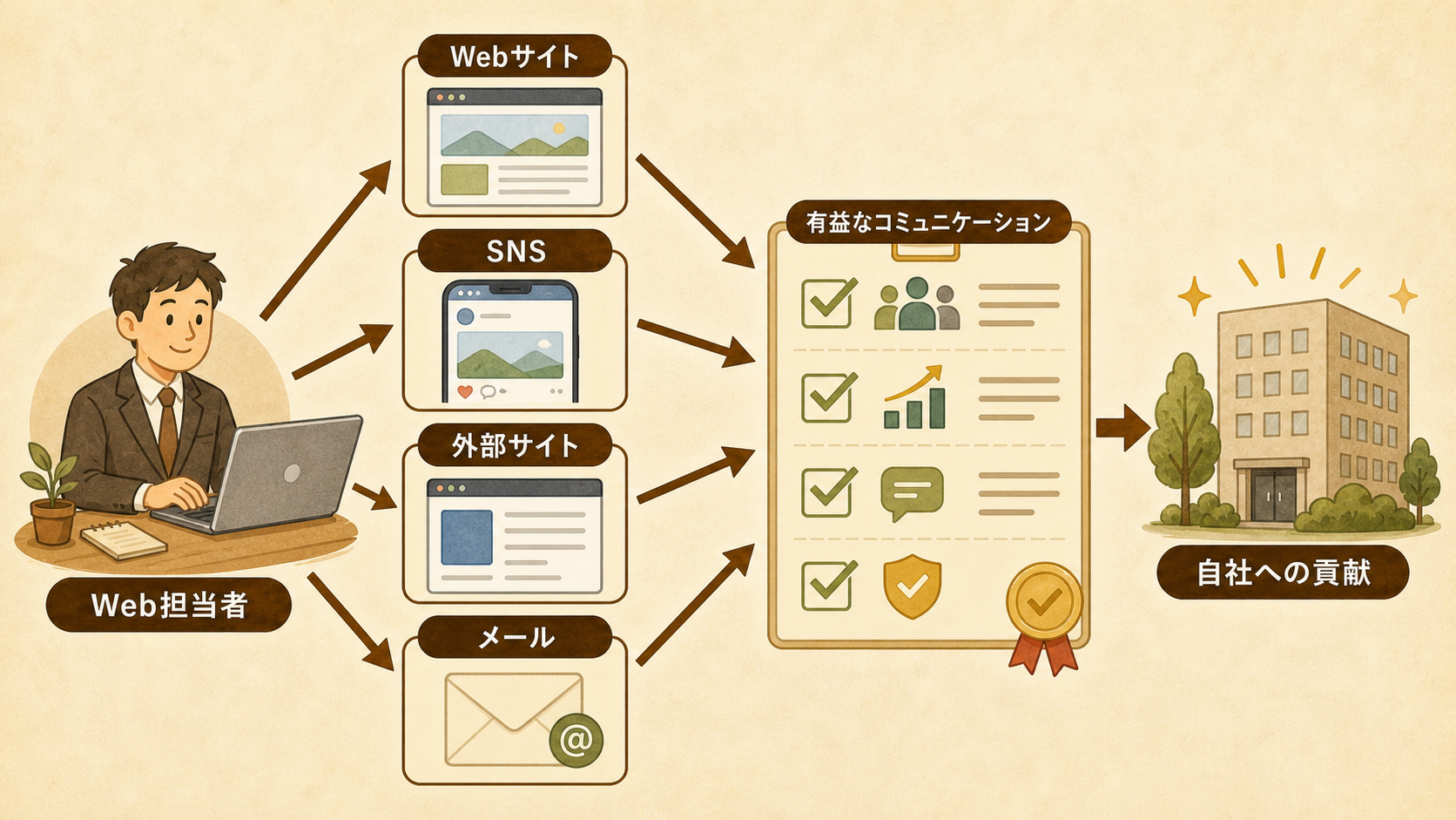 Web担当者の仕事は、Web サイト単体ではなく、SNS や外部連携も含めた Web コミュニケーション全体で自社に貢献することだと示した図解