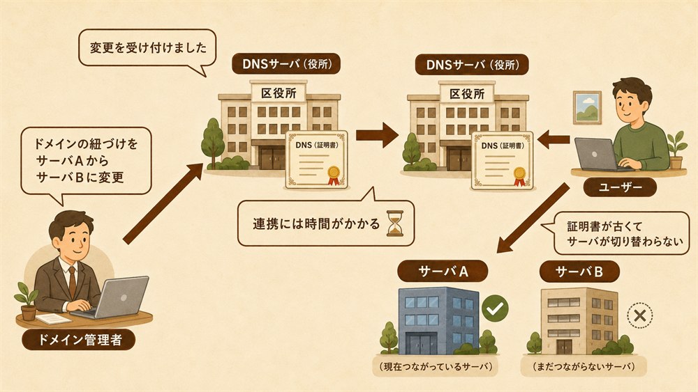 ドメイン管理者が DNS の紐づけをサーバ A からサーバ B に変更しても、DNSサーバ間の連携に時間がかかるため、ユーザーはしばらく古い証明書のままサーバ A に繋がり、サーバ B にすぐ切り替わらない様子の図解