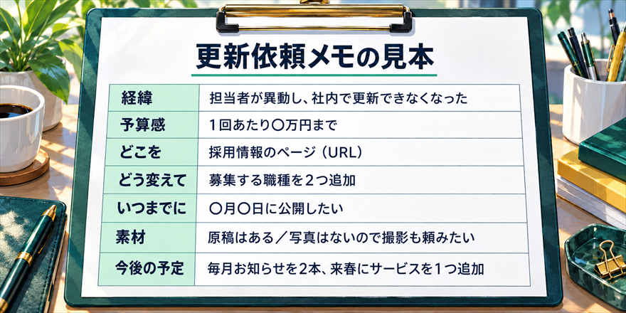 更新依頼メモの見本。経緯、予算感、どこを、どう変えて、いつまでに、素材、今後の予定の7項目と記入例