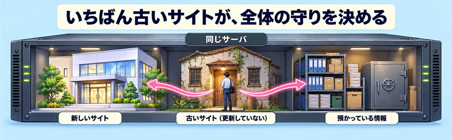 1台のサーバの中で、更新していない古いサイトから入られ、新しいサイトや預かっている情報まで届く様子