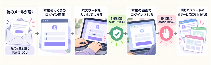 偽のメールから被害が広がる流れ。2段階認証やパスキー、パスワードを使い回さないことで途中で止められる