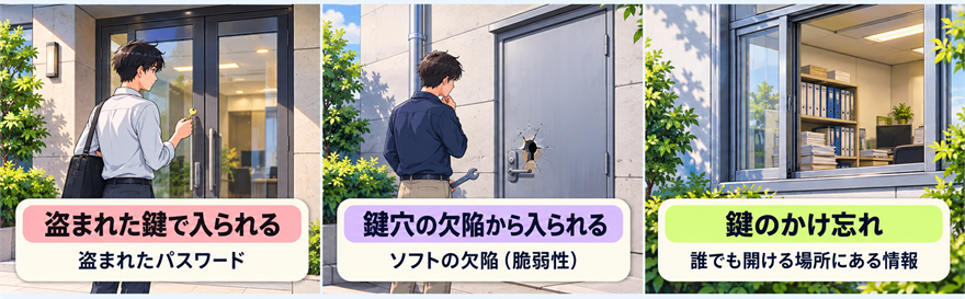 会社を建物に見立てた3つの入られ方。盗まれた鍵で入られる、鍵穴の欠陥から入られる、鍵のかけ忘れ
